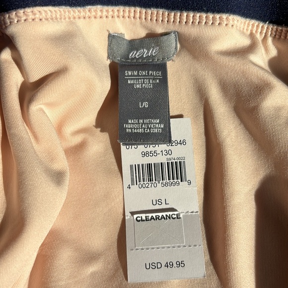 NWT Aerie deep V plunge striped one piece swim suit in navy blue & blush pink - Picture 8 of 11